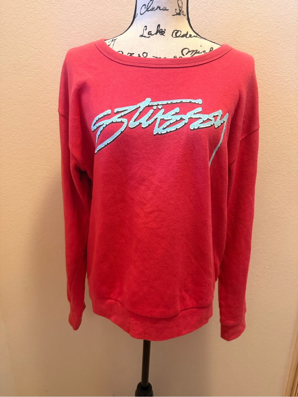 Stussy Red Scoop Neck Sweatshirt with White Script Logo